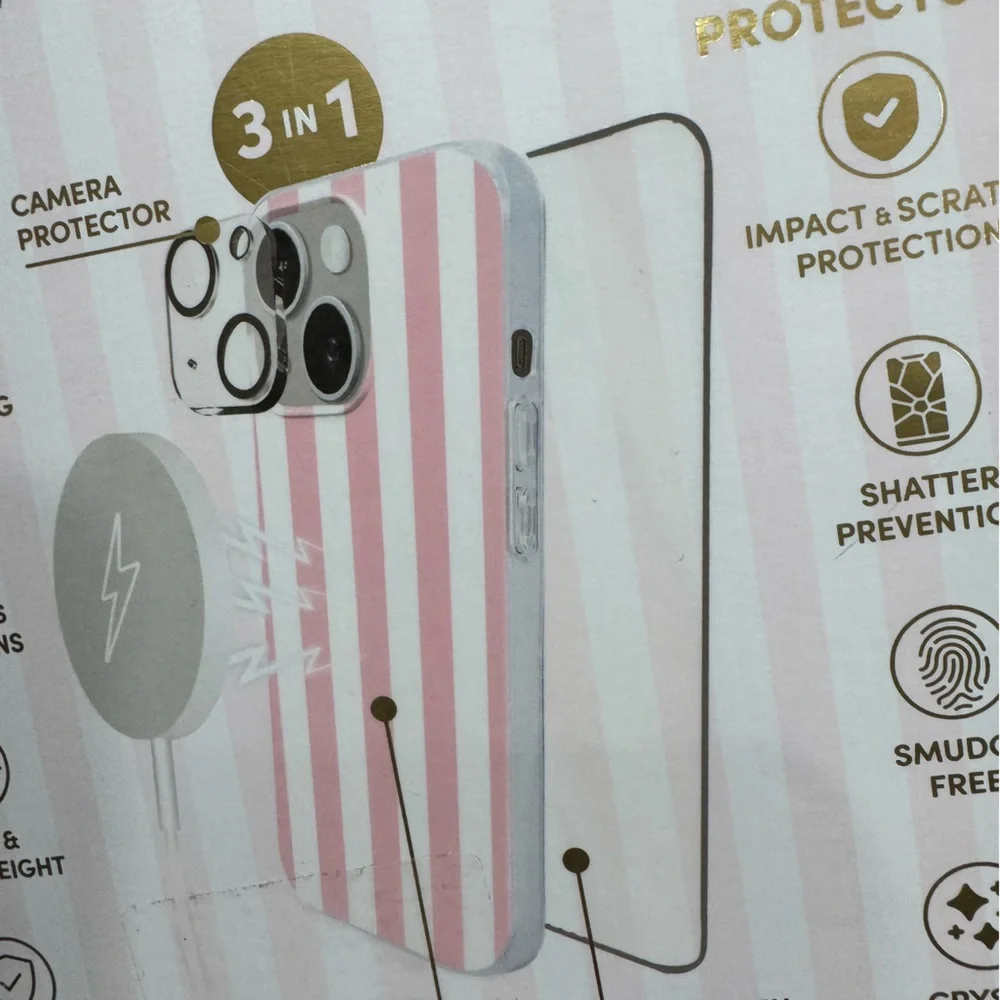 XO POPPY pink striped iPhone 15/14/13 case & 3 in 1 Protection Bundle🩷🤍🩷